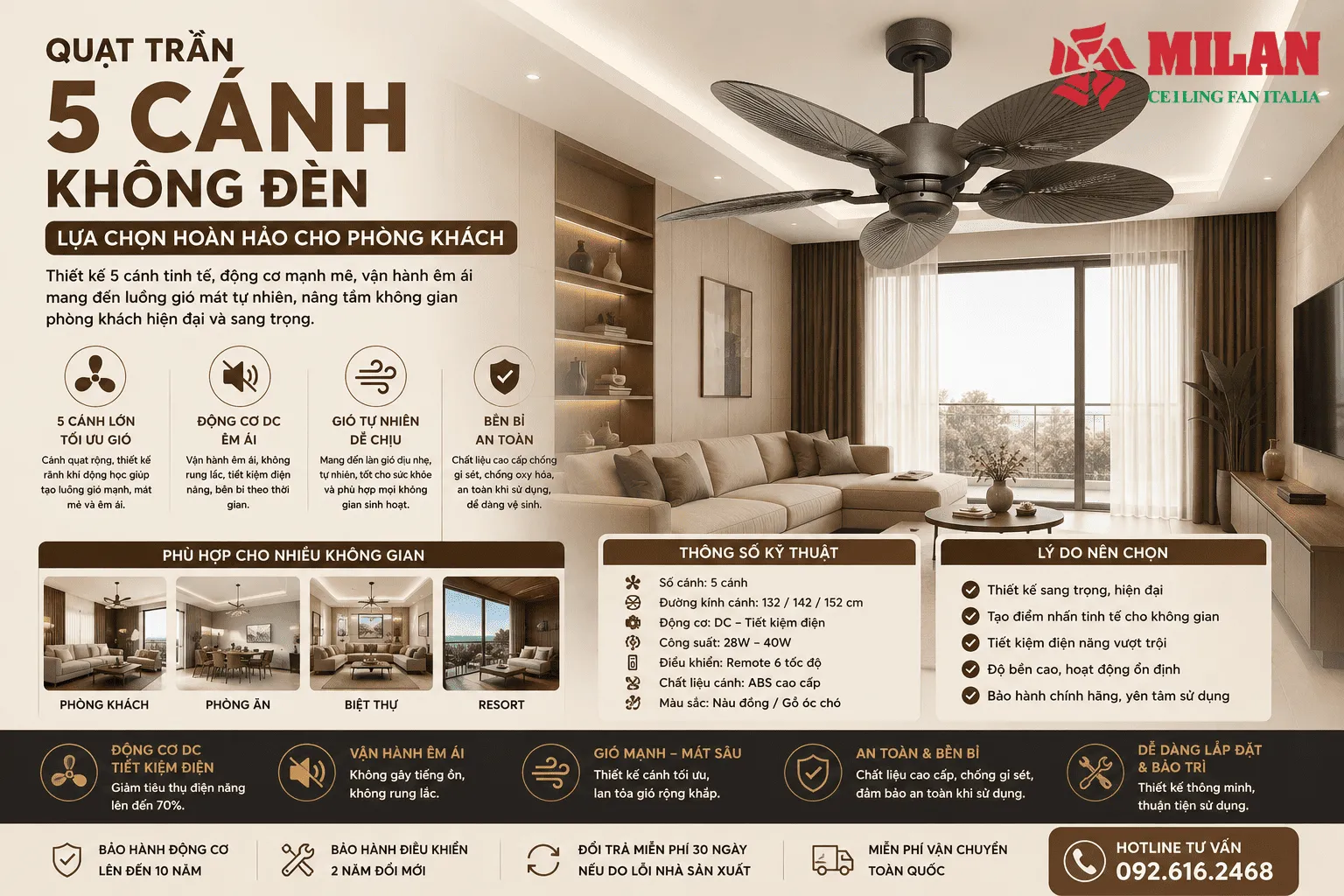 quạt trần 5 cánh không đèn MILAN